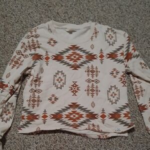 Lucky Brand Cream Aztec Crewneck Sweater with Rust & Olive Motif